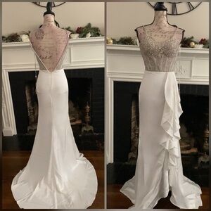 White and crystal sparkly prom dress with ruffle slit and open back